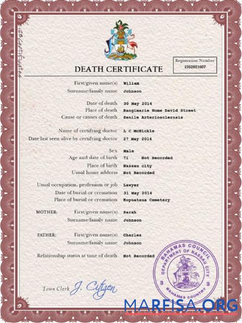 Blank Bahamas vital record death certificate PSD template